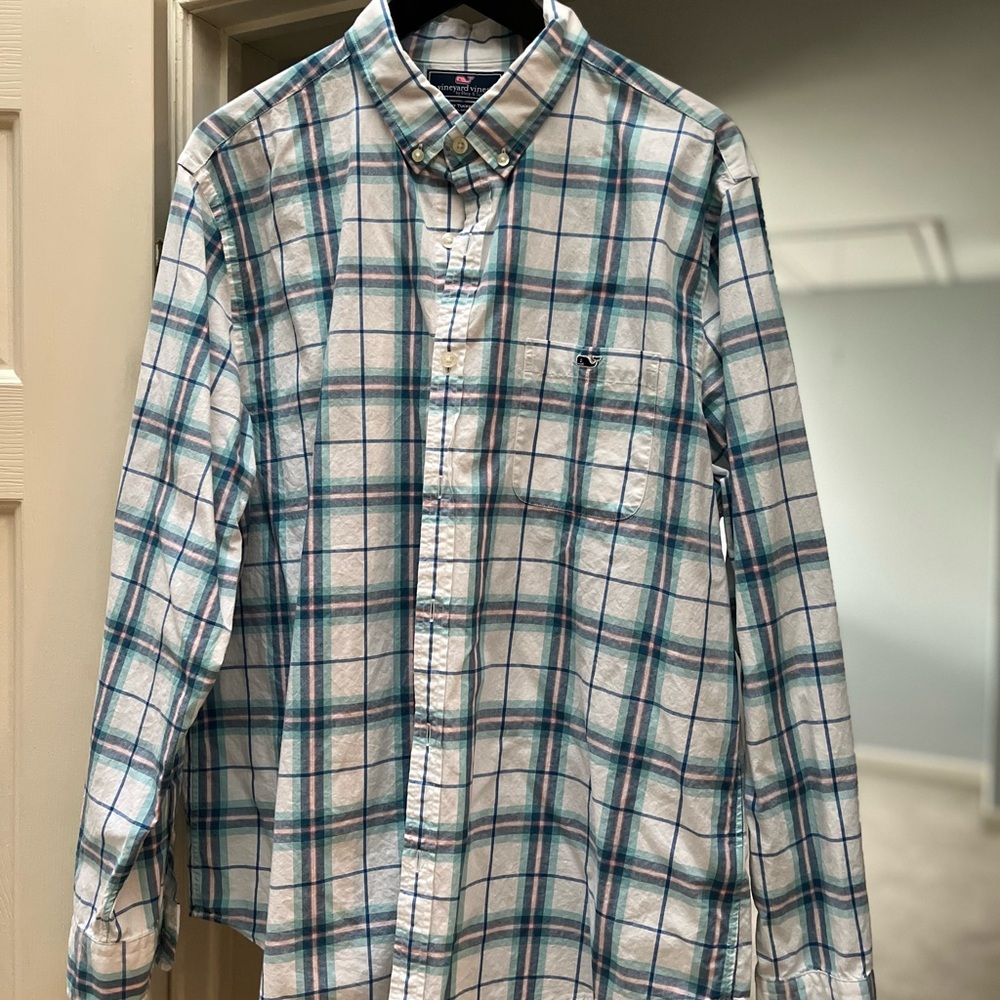 Vineyard Vines Blue and Green Plaid Button-Down Shirt